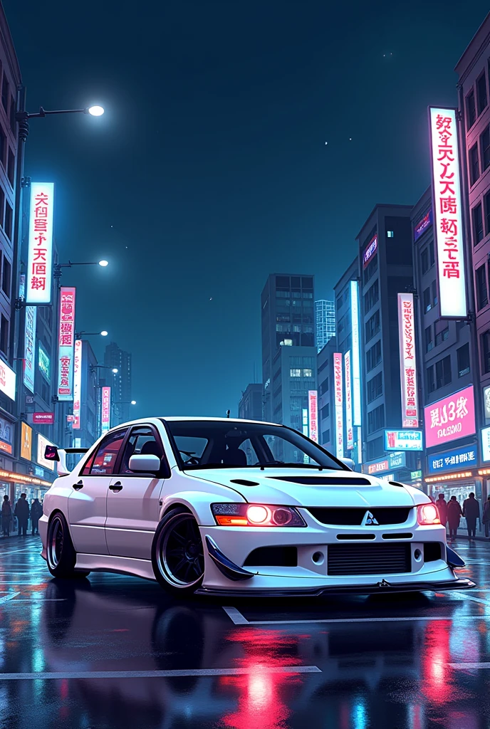 Draw a Mitsubishi Lancer Evo 6 of the 2000's tuning white with landscape japanese city nocturne 8 bits


