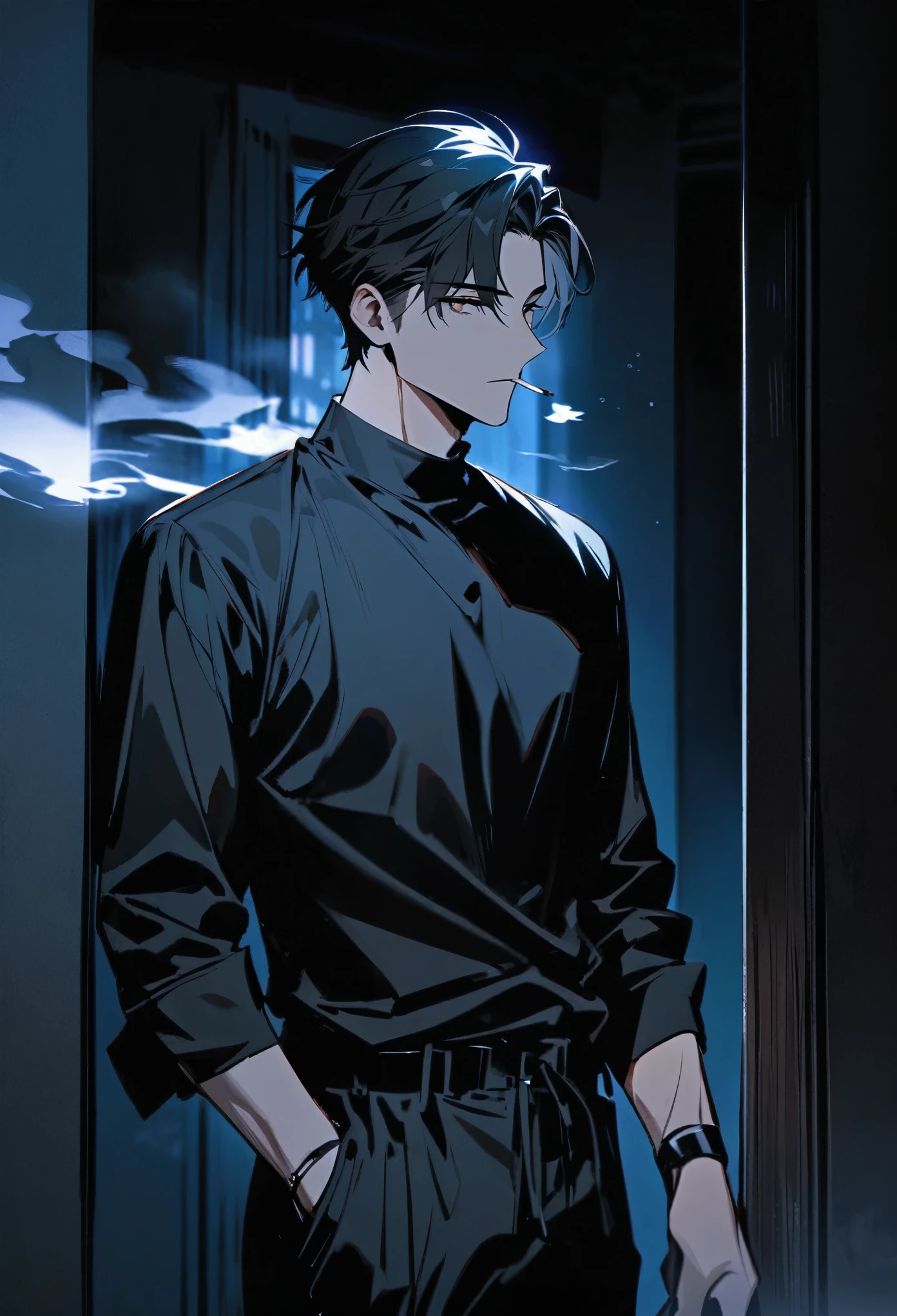 Handsome, Solitary, 1 male, Black hair with smoky grey tips, Brown eyes, Black shirt, Black pants, smokes, night, rays of black light,The background is an ambiguous room