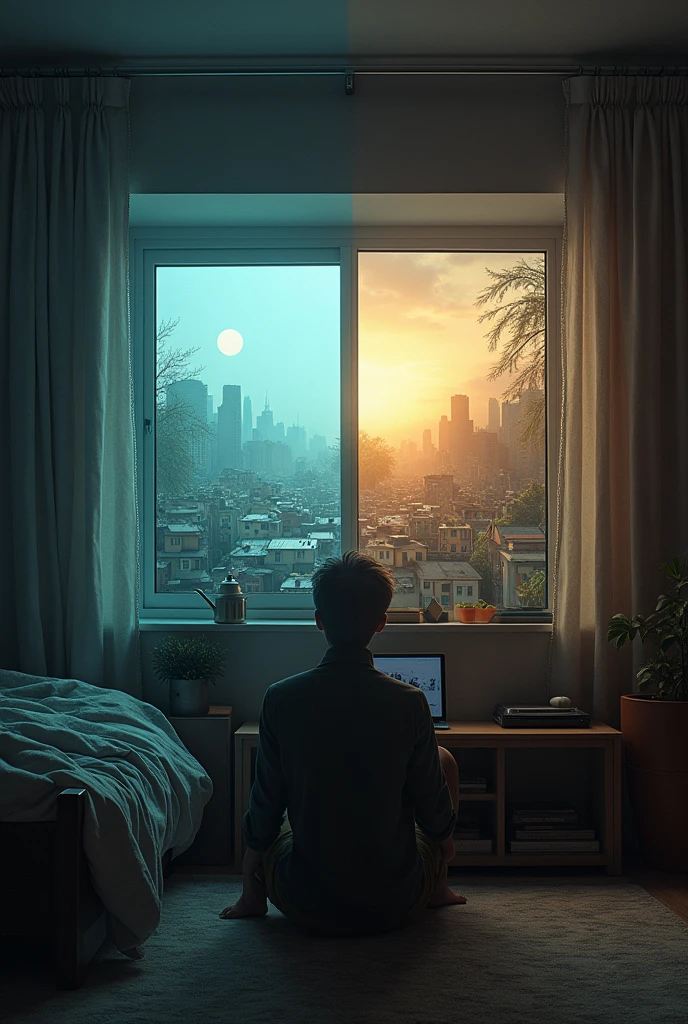 It shows a TV with a perfect society and through the window you see a not so perfect reality., that it is the same image that is seen but in one perfect and the other the reality