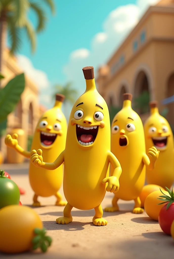 Generate a group of animated banana characters