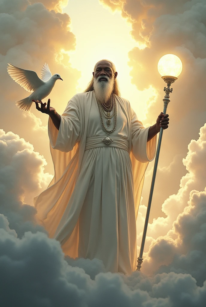 Orisha Black Man, elder, white bearded, Walking on clouds, White tunic, white necklaces, holding a white dove in his hand, silver staff with globe, sun shining