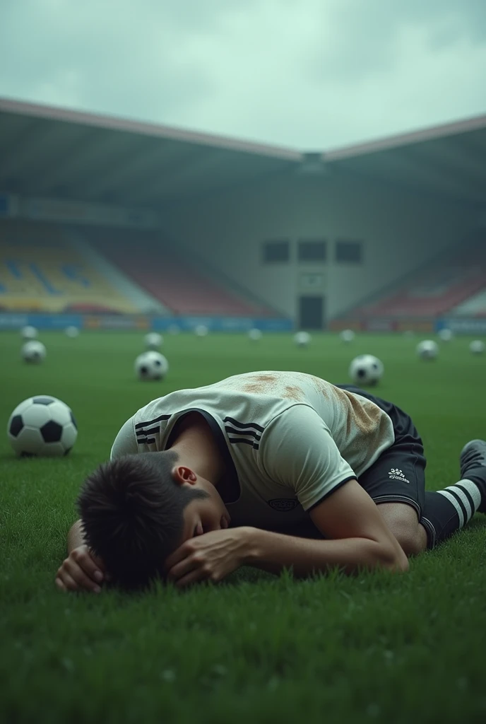 Depressed 11-a-side football player lying on the ground 


