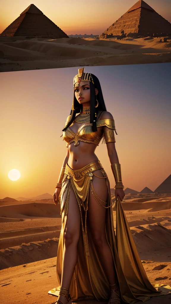 Image of graceful Cleopatra against the backdrop of the Egyptian pyramids, a dramatic golden sunset.