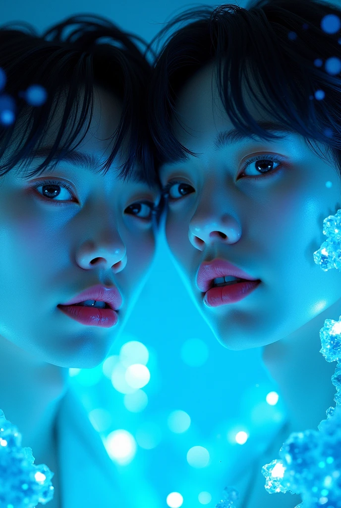 Jhope and yoongi From BTS both close with their faces with some blue crystals