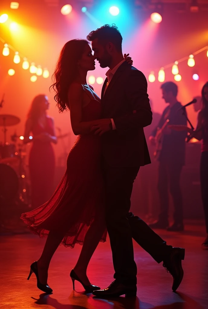I want a special photo where the salsa music is captured, a couple dancing salsa with lots of background colors to improve