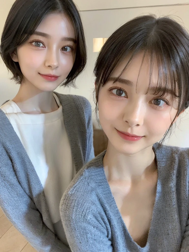 (masterpiece:1.3), (8k, Photoreal, Raw photo, best image quality: 1.4), Japanese high school girl、(random hairstyle:1.2)、cleavage:1.5、super detail face、eye for details、double eyelid、chest to chest、sharp focus:1.2、Beautiful woman:1.4、light brown hair、highest quality、masterpiece、超A high resolution、(Photoreal:1.4)、Highly detailed and professionally lit smiles、loose and light knitwear、shoulder out、thin、serious expression、short haired、deadly position
similar identical twins
All the girls have the exact same face, The two have the same face and figure, as if they were mirror images.