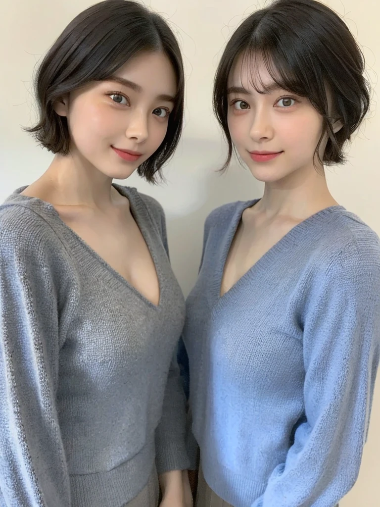 (masterpiece:1.3), (8k, Photoreal, Raw photo, best image quality: 1.4), Japanese high school girl、(random hairstyle:1.2)、cleavage:1.5、super detail face、eye for details、double eyelid、chest to chest、sharp focus:1.2、Beautiful woman:1.4、light brown hair、highest quality、masterpiece、超A high resolution、(Photoreal:1.4)、Highly detailed and professionally lit smiles、loose and light knitwear、shoulder out、thin、serious expression、short haired、deadly position
similar identical twins
All the girls have the exact same face, The two have the same face and figure, as if they were mirror images.