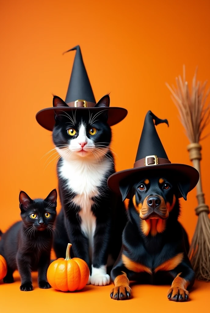 Realistic photo of a large adult black and white cat with a witch hat, a black kitten with a witch's hat and a Rottweiler-style dog with a witch's hat, all with short fur, orange background, witch's broom and halloween pumpkins