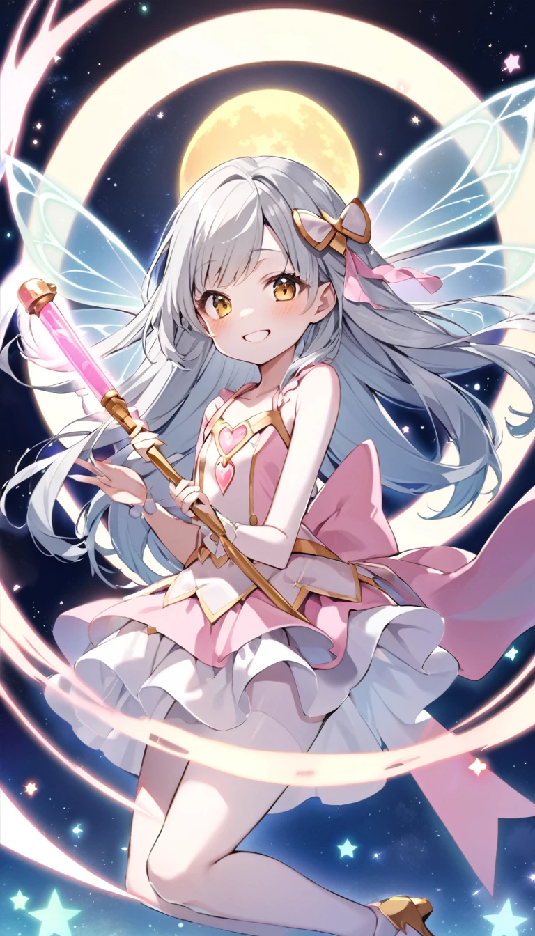 Magical girl, , flat chest, Night Sky, smile, Golden Eyes, Gray Hair, Long Hair, Pink costume, Pure white skin, Fairy Wings, Magic Stick, Full moon background, Backlight, Flying in the air, wink,