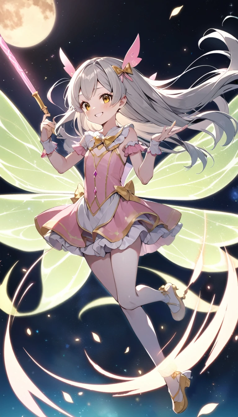 Magical girl, 12 years old, flat chest, Night Sky, smile, Golden Eyes, Gray Hair, Long Hair, Pink costume, Pure white skin, Fairy Wings, Magic Stick, Full moon background, Backlight, Flying in the air, wink,