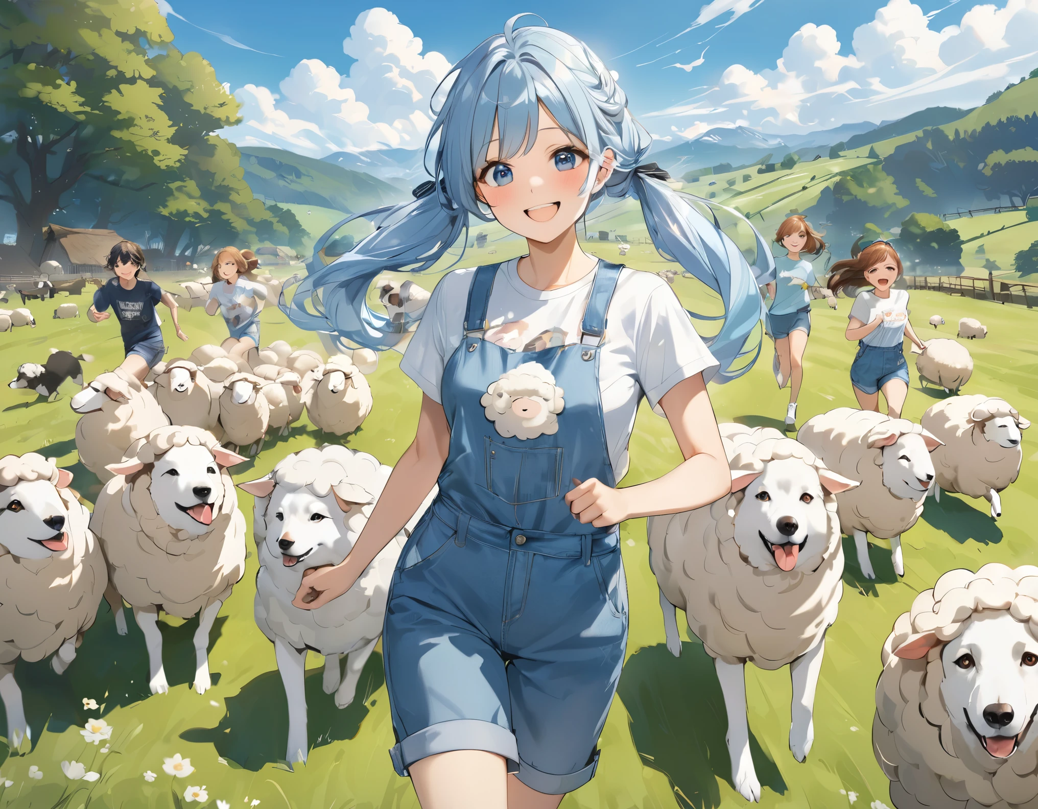 Light blue long hair、beautiful girl with twin tails、T-shirt and denim jumpsuit、A happy smile、Sheep pasture、Lots of sheep、Smiling girl holding a sheep、Running with the sheep、blue sky、Two dogs watching over sheep、Shepherd Dog