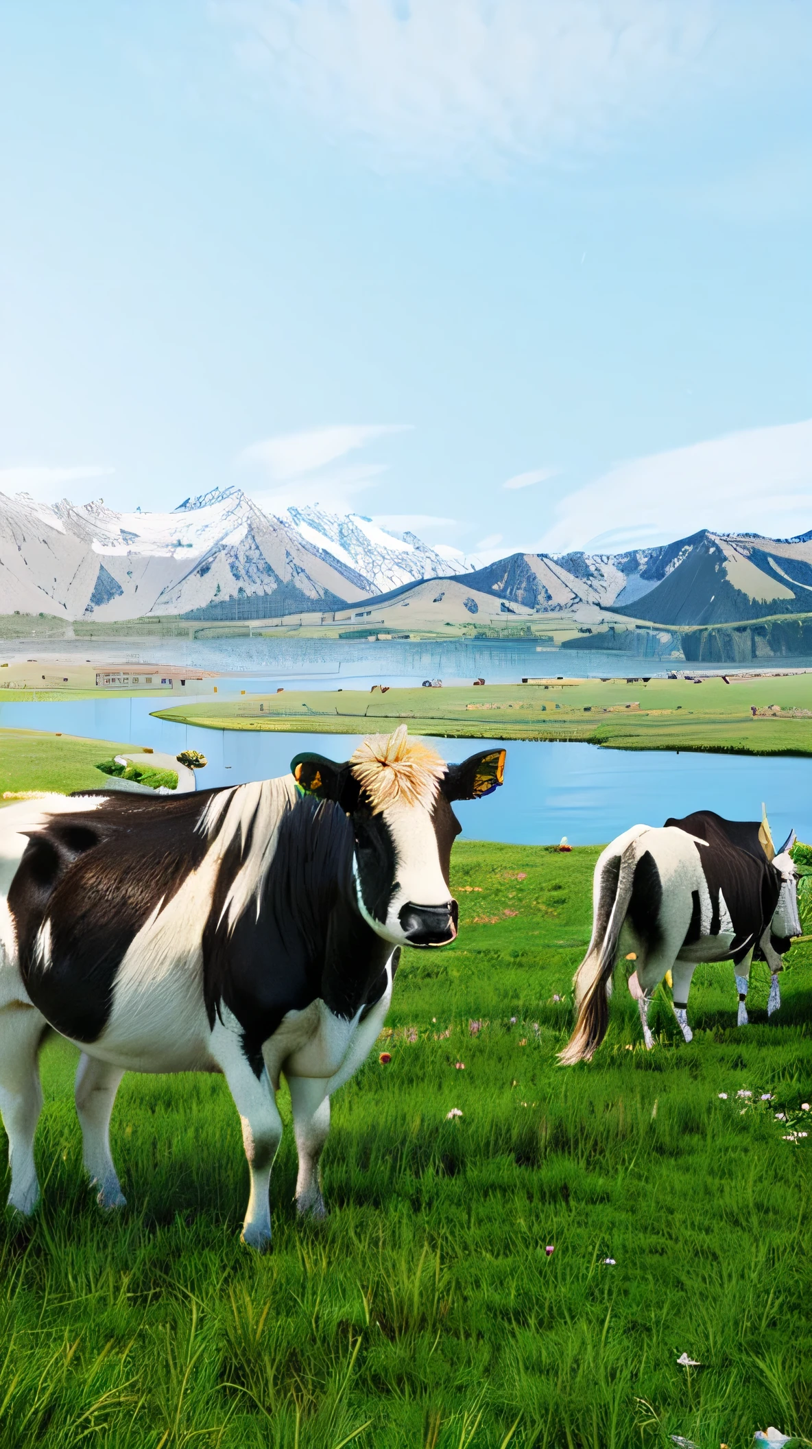 there are two ox standing in a field of grass near a lake, 3D rendering and matte, ox, random ox, pastoral environment, New Zealand, Realistic scene,Snowy mountains in the distance, New Zealand landscape, 3D Painted Scenes, ox, New Zealand, Artistic Rendering, 3 d virtual landscape painting, OC Rendering,Illustrations, Realistic matte painting technology