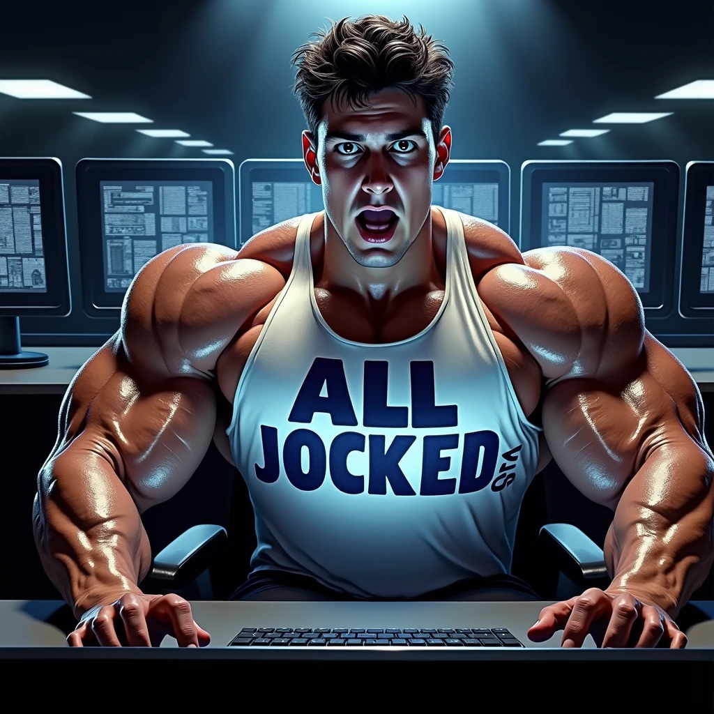 Big muscles. Sweating. Male college student wearing a shirt that says ALL JOCKED UP sits in front of a monitor in a dark computer lab at night. Staring vapidly with a blank expression at the glowing screen with his mouth hanging open. Repeating mantras to meet their goal to be big dumb muscular sweaty bodybuilder bros. Big biceps. Big triceps. Big traps. Broad shoulders. Broad chests. IQ drain. Digital painting. "Stare ... listen ... blank ... obey.... Bigger... Dumber.... Just a big ... dumb ... jock. Huhuh.... Uhhhhhh.... How's it hangin', bro? C'mere. Read instructions... Watch the spiral and FLEX with me, BRO! You think too much. It's good to be a JOCK. Stare. Obey. FLEX. Don't think. Just be a meatheaded jock. Huhuh.... Brooooo...." in a deep voice.