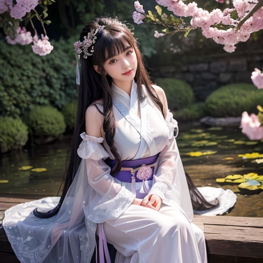 best quality, Delicate face,beautiful visual work, lifelike, eternity, black hair, Long curly hair, blunt bangs, Smile, Detailed Background, Delicate face,blush,cold,((masterpiece))、(top quality)、8k、high detail、Super detailed,21 years old female,Wearing Tang Dynasty Hanfu、waist skirt, Clothes are light and fluffy,Hanfu, wide sleeves, Transparent sleeves, Tunic, Clothes made of chiffon, Seductive and whimsical style、masterpiece、born、Scenes resembling fairy tale illustrations、Intricate details and complex designs、Beautifully、magic、capricious、 Beautifully、Dream aesthetics、「𝓡𝓸𝓶𝓪𝓷𝓽𝓲𝓬、ethereal、charming、fickle、magic」、Realism、Visual effects、FXAA、SSAO、Shaders、voiceless、ambient lighting、Tone mapping、High resolution、Ultra high quality、Million pixels、(8K resolution:1.10)、8k、Below 8K、8K resolution、high detail、intricate details, (high quality:1.2、masterpiece:1.2、:1.21)、(21 years old female:1.21)、(Smile excitedly)、(Surrounded by a dream-like atmosphere、Model diagram,full-body shot,Normal 2 feet,Put your hands behind you,The protrusion of the breast is visible when wearing clothes, Large Breasts, H cup chest, antiquity, Xian Xia, gauze clothes, Soft and fluttering, Fairy, dream, fantasy, light, elegant, nature, Immortal, romantic, classical, ribbon, light purple clothes, By the stream