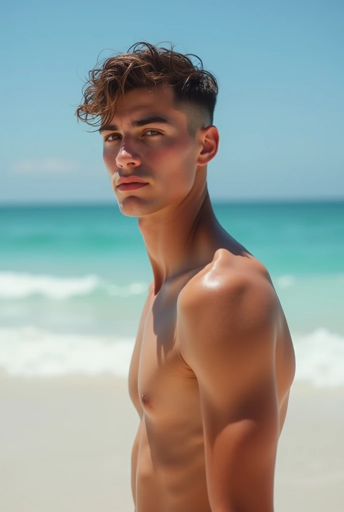 A young cute handsome beautiful face white skin and skinny in a beauty contest my universe on the beach