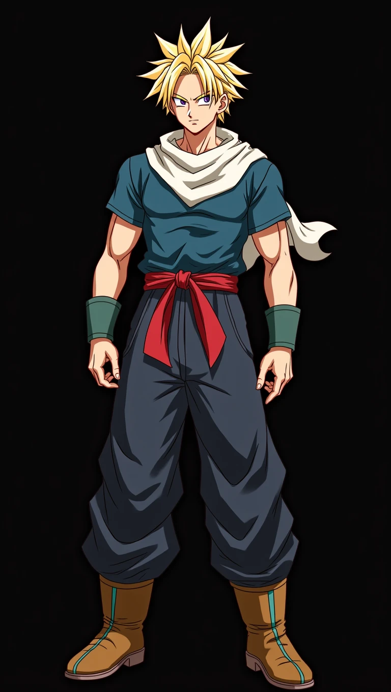 character, masculine, dragon ball style, Short blonde hair, slanted eyes and brown color, blue T-shirt, Boots, red ribbon on the waist, white scarf, anime, 4k, White background