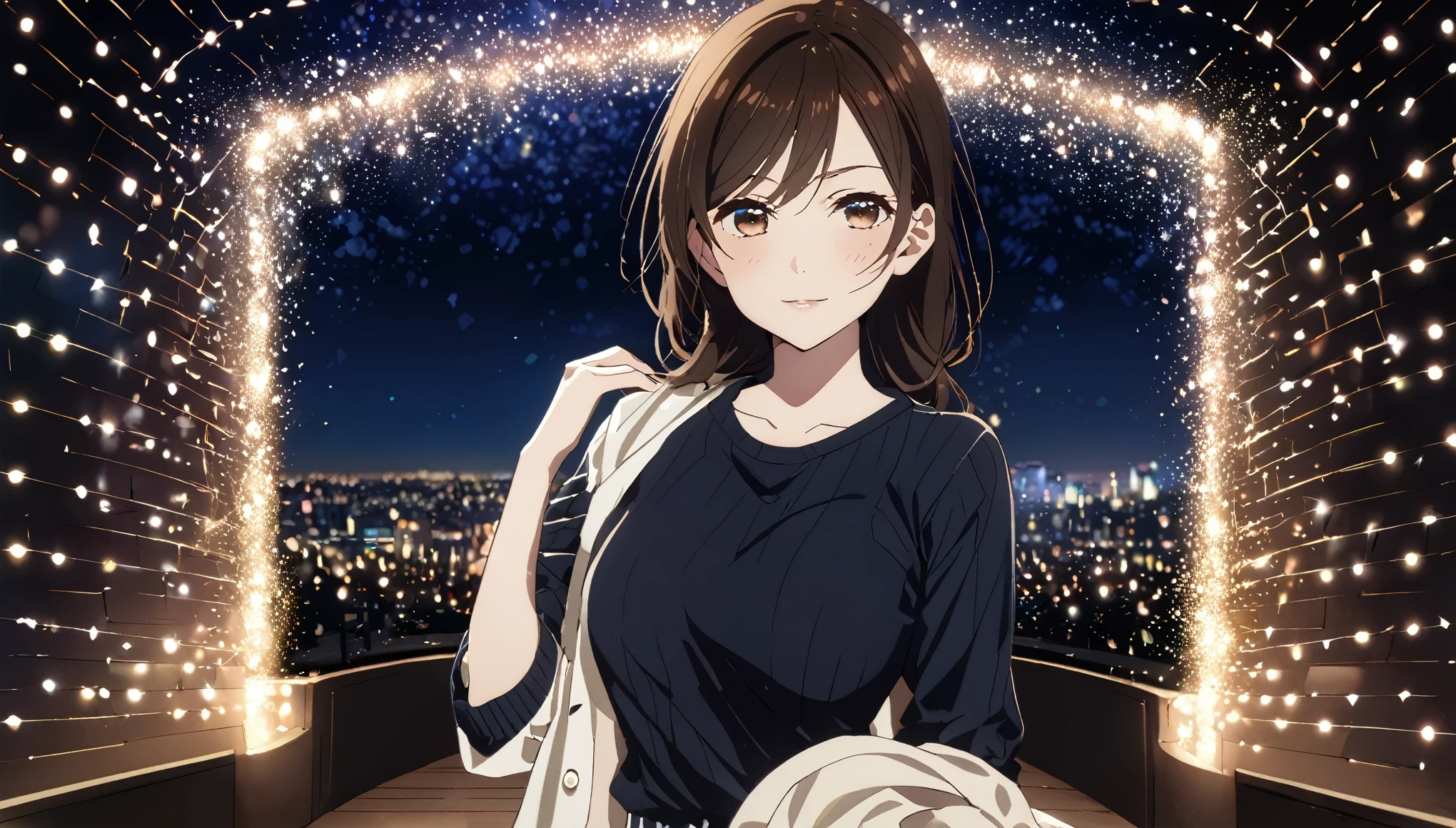 glittering lights, work of art, ultra detaild, Definition of 8k, beautiful  face, 1 girl, Chizuru Ichinose , casual clothes, women&#39;s shoulder bag, slightly slouched posture, closed mouth smile slim body, Fine body, ideal body, Tokyo city, people passing on the street, アニメ, chestnut hair, eyes browns, アニメ, long hair
