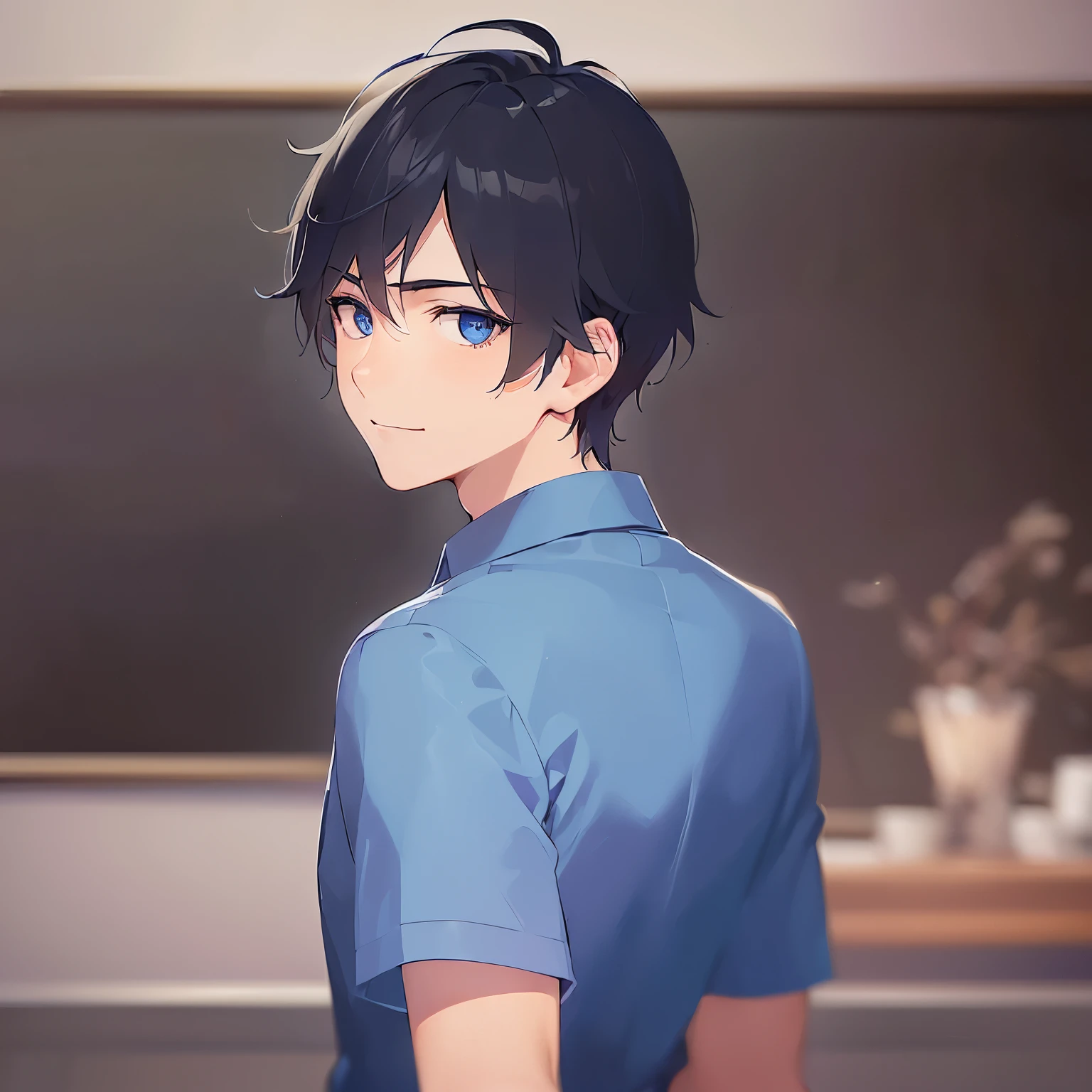 (looking back:1.5),upper body、
shiny skin, masterpiece、Highest quality、
(25-year-old male:1.5) and (Black short hair) and (blue eyes),
(navy collared shirt)
smile,Chalkboard background、(alone:1.5)