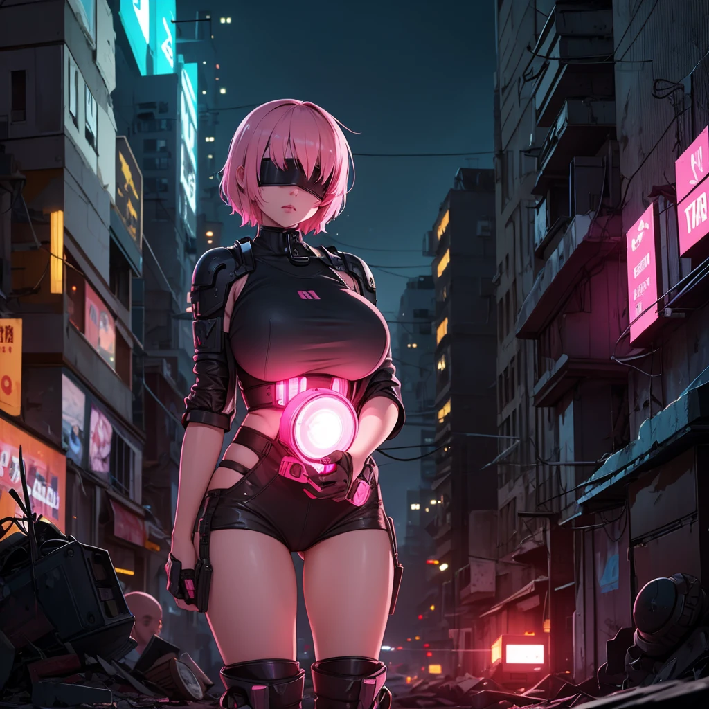 Short pink haired android girl with huge breasts blindfolded with light skin in a destroyed cyberpunk city at night with low light