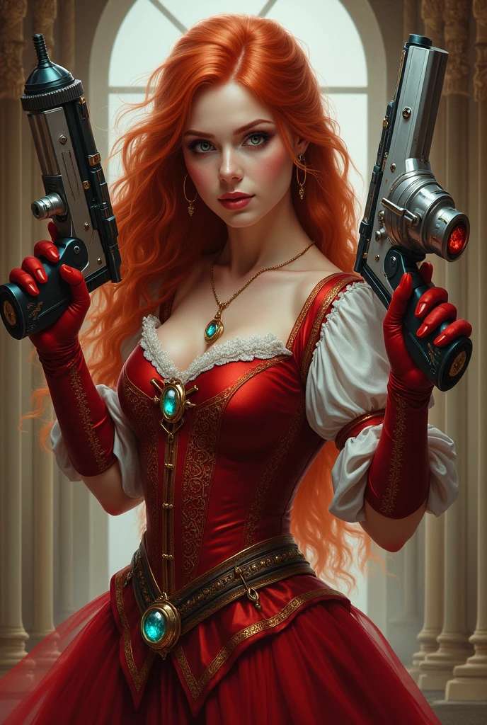 Draw a redheaded woman for a character in d&d being an artificer holding a plasma cannon in one hand and a potion in the other. Medieval princess clothes in red
