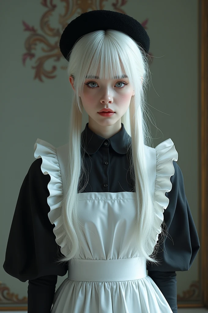 Make a girl with white hair wear maid clothes and have white skin and a black ushanka and two small pigtails alaod her hair
