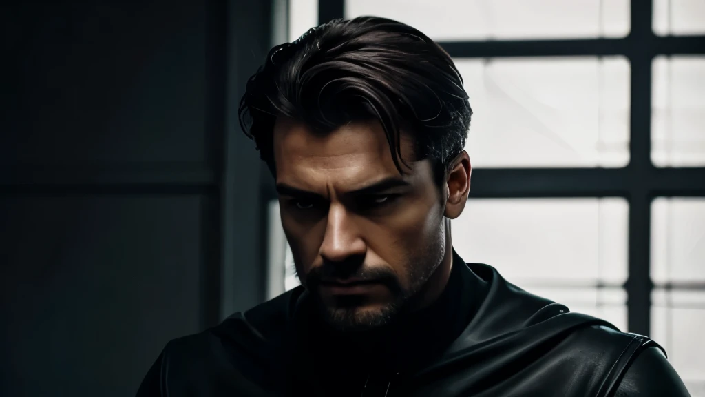 (Better image quality) face of a man, with dark clothing ;very realistic image .