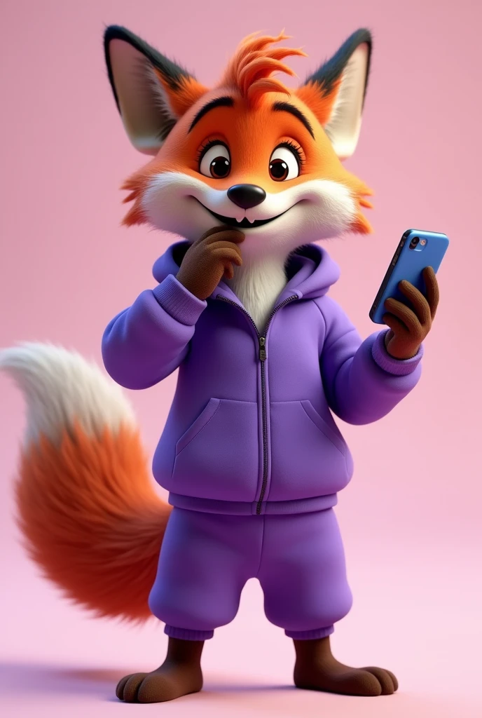 A disney pixar 4d style fox wearing a stylish purple tracksuit dropshipping using and showing off a stylish trendy cell phone standing happily smiling with his hand on his mouth looking excited