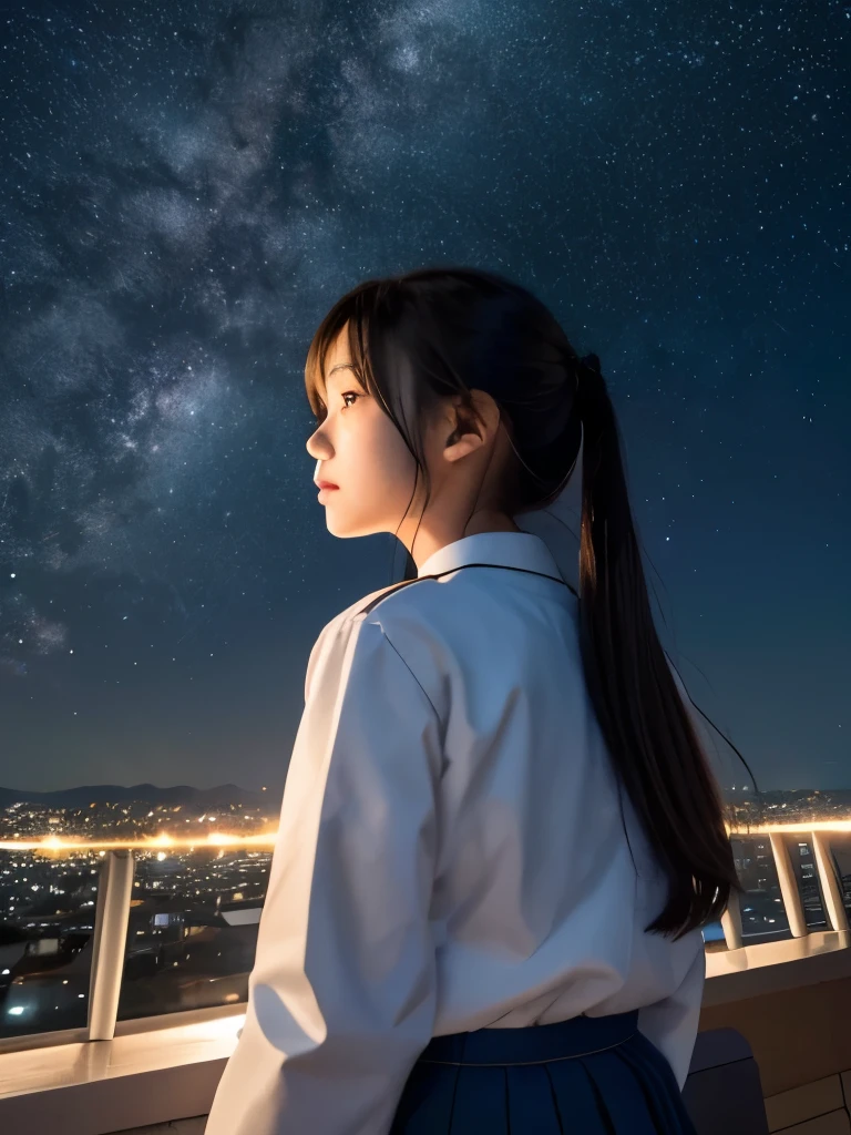 A girl in a Japanese JK uniform standing on a rooftop looking at the starry night sky, Delicate depiction,Ultra high definition,Ultra-high resolution, RAW Photo 8k, 8k Raw Photo:1.5, 16k raw photos:1.5, RAW Photo 16K, Close up on the night sky, Cinema Lighting, Fine Art, Amazing visuals, shooting star, Amazing starry sky, 