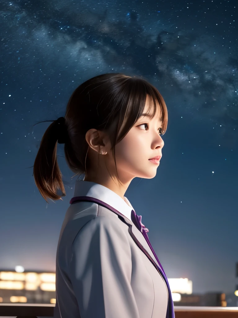 A girl in a Japanese JK uniform standing on a rooftop looking at the starry night sky, Delicate depiction,Ultra high definition,Ultra-high resolution, RAW Photo 8k, 8k Raw Photo:1.5, 16k raw photos:1.5, RAW Photo 16K, Close up on the night sky, Cinema Lighting, Fine Art, Amazing visuals, shooting star, Amazing starry sky,