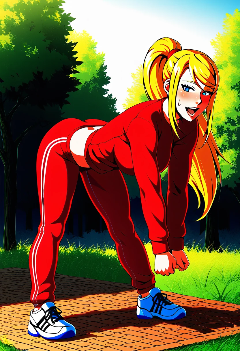 score_9, score_7_up 1girl, solo, samus aran, sweatpants, long sleeves, shirt, stretching, on ground, bent over