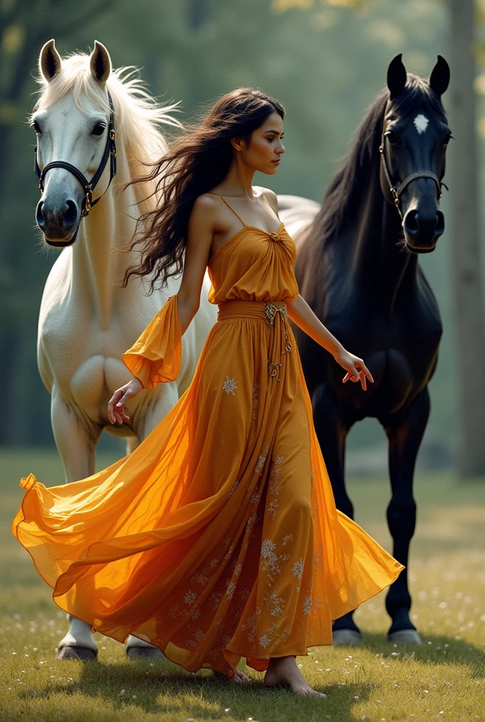 Create an image with movements of a beautiful gypsy woman next to a white horse and a large black horse
