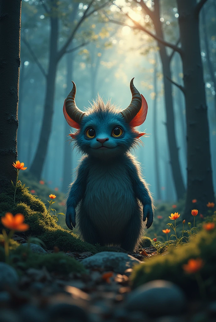 I am the cutest monster on the planet who lives in a magical forest waiting for the hope of the new world to arrive. , very real style magic forest magic colors , 24k unique piece photographic composition piece of art real shadows , composition rules of cinema