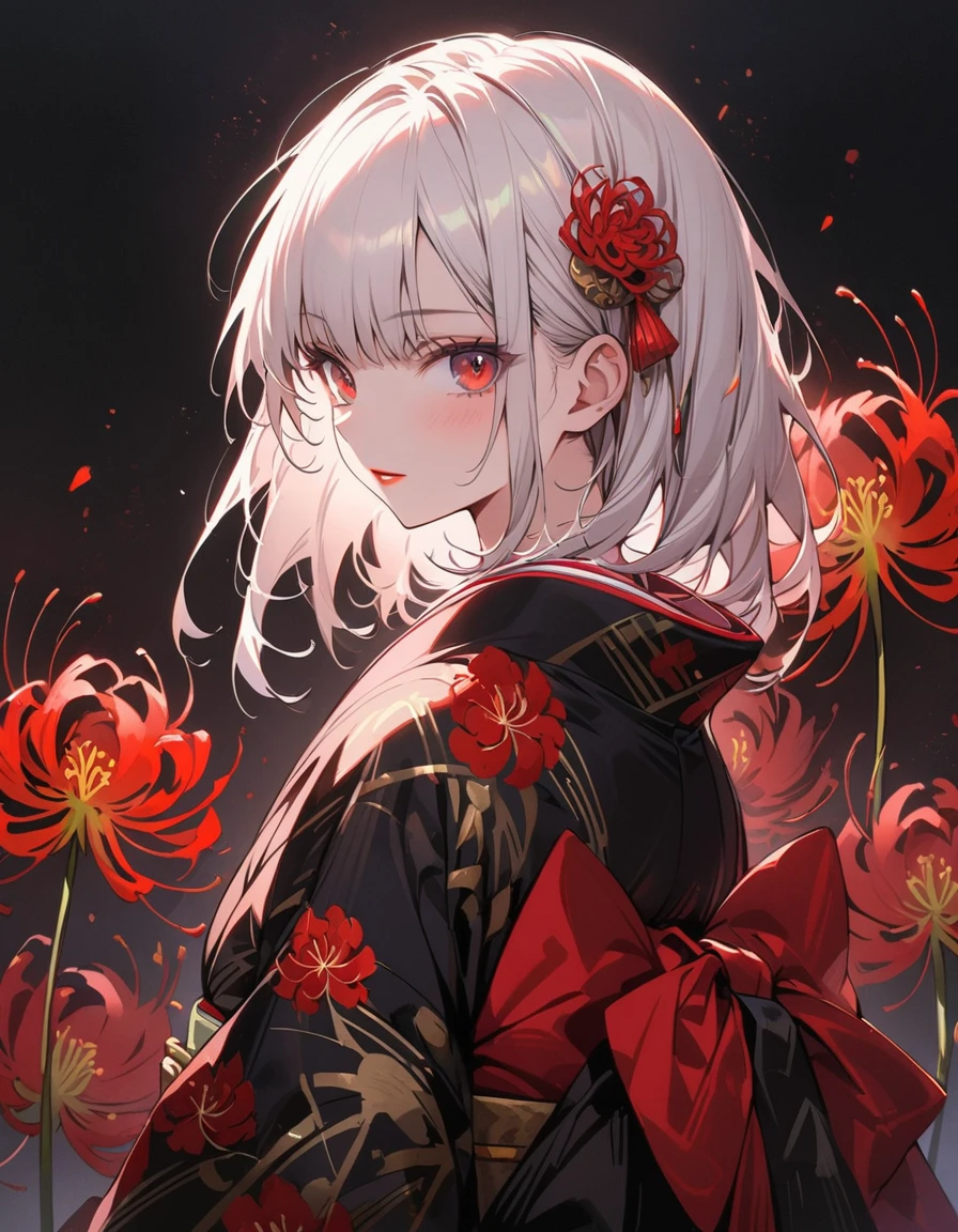 Girl in kimono, White medium hair, Red eyes, Red lips, A kimono with a red spider lily on a black background, Red splash pattern on a black background, super high quality, Ultra-fine detail, Very thin handle