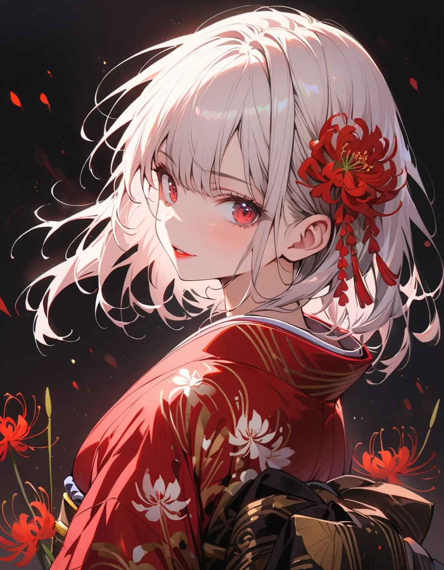 Girl in kimono, White medium hair, Red eyes, Red lips, A kimono with a red spider lily on a black background, Red splash pattern on a black background, super high quality, Ultra-fine detail, Very thin handle