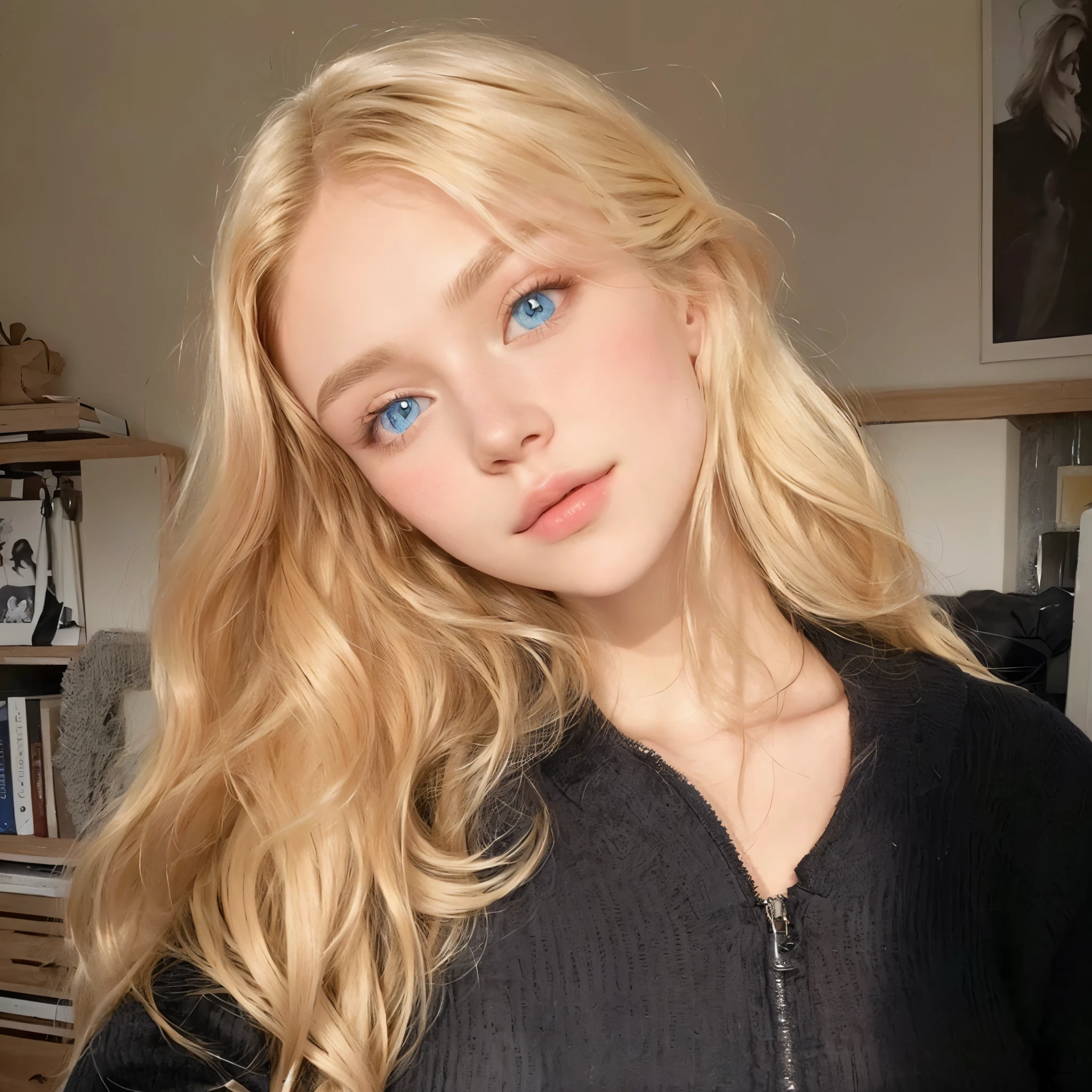 blond woman with blue eyes posing for a picture in a room, pale skin curly blond hair, dasha taran, a girl with blonde hair, yelena belova, portrait sophie mudd, very pretty model, with long blond hair, leaked image, face like ester exposito, sydney sweeney, profile picture, headshot profile picture, angelina stroganova