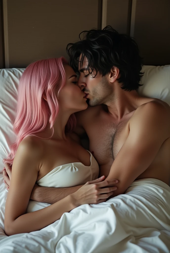 A couple is kissing passionately in bed, both shirtless but covered by white sheets. The woman has long pink hair and the man has a lean muscular frame and neck length messy black hair. They are in a medieva room. Romantic setting.