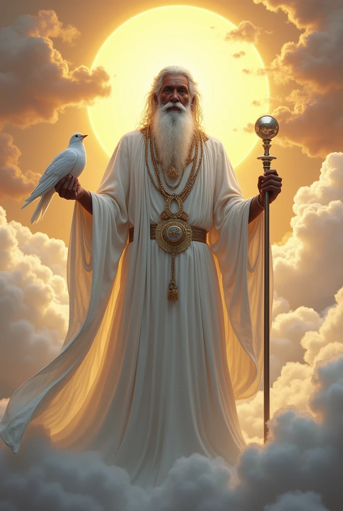 Orisha Black Man, elder, white bearded, Walking on clouds, White tunic, white necklaces, holding a white dove in his hand, silver staff with globe, sun shining