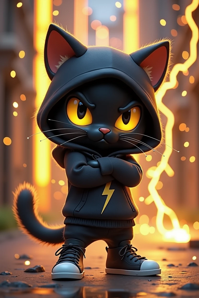 Create game character of (((Koro))) a cute chibi-style black cat with yellow eyes in a lightning element theme, rendered in a Disney Pixar 3D art style. The cat should be in a cool pose, frowning with arms crossed in front, wearing a black sweatshirt hoodie with matching black sneakers. The background should include a vibrant and dynamic scene with electric sparks, lightning bolts, and a neon black and yellow color scheme.