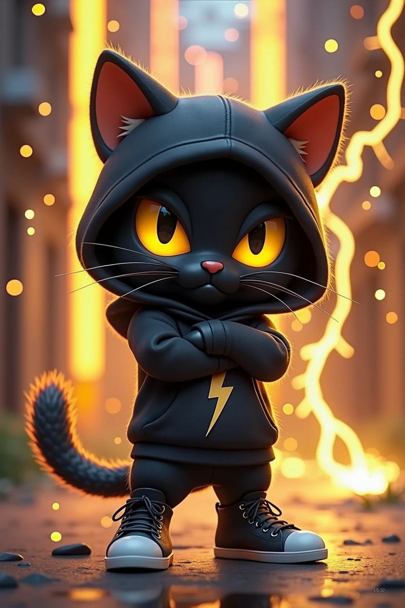 Create game character of (((Koro))) a cute chibi-style black cat with yellow eyes in a lightning element theme, rendered in a Disney Pixar 3D art style. The cat should be in a cool pose, frowning with arms crossed in front, wearing a black sweatshirt hoodie with matching black sneakers. The background should include a vibrant and dynamic scene with electric sparks, lightning bolts, and a neon black and yellow color scheme.