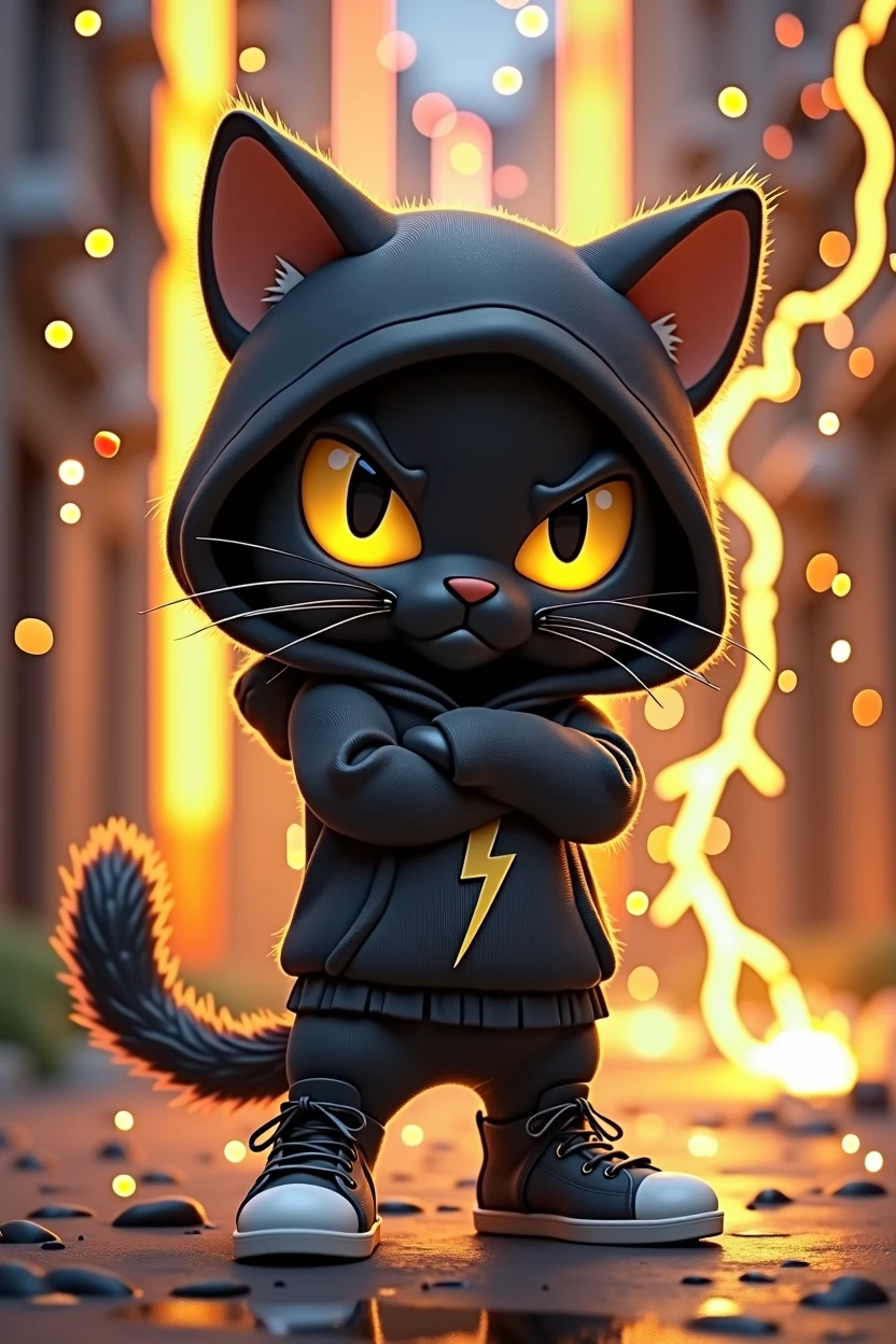 Create game character of (((Koro))) a cute chibi-style black cat with yellow eyes in a lightning element theme, rendered in a Disney Pixar 3D art style. The cat should be in a cool pose, frowning with arms crossed in front, wearing a black sweatshirt hoodie with matching black sneakers. The background should include a vibrant and dynamic scene with electric sparks, lightning bolts, and a neon black and yellow color scheme.