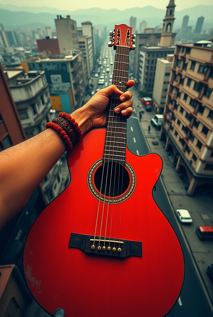 Create a cover for an album of corridos tumbados in the style of Natanael Cano with a first-person perspective of someone playing a red 12-string acoustic guitar on top of a building observing Mexico City with a first-person view of his brown arms with a red and black circle bracelet 