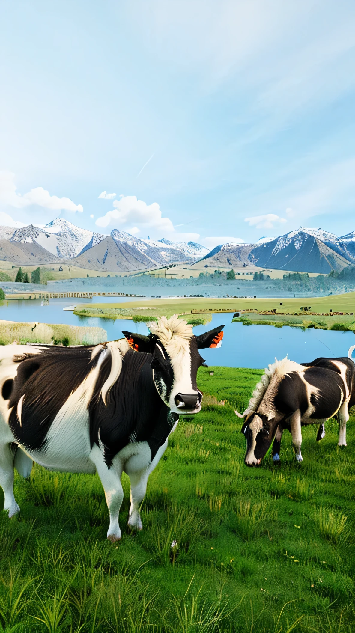 there are two ox standing in a field of grass near a lake, 3D rendering and matte, ox, random ox, pastoral environment, New Zealand, Realistic scene,Snowy mountains in the distance， New Zealand landscape, 3D Painted Scenes, ox, New Zealand, Artistic Rendering, 3 d virtual landscape painting, OC Rendering，Illustrations, Realistic matte painting technology