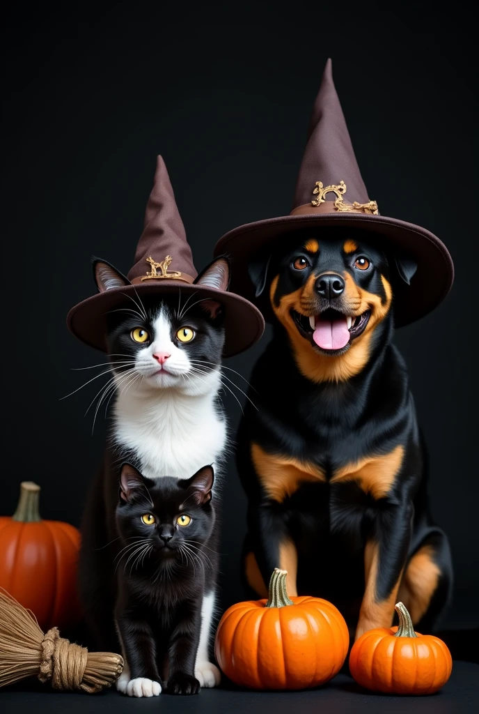 Realistic photo of a large adult black and white cat with a witch hat, a black kitten with a witch&#39;s hat and a Rottweiler-style dog with a witch&#39;s hat, all with short fur, black backdrop, witch&#39;s broom and halloween pumpkins