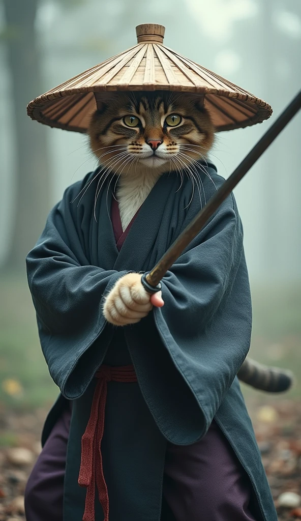 Create an image of a cat standing upright in traditional East Asian attire, wearing a wide bamboo hat on the head, wielding a sword with its right paw extended forward in an assertive stance ( Close-up of the face ), set against a misty backdrop to convey an atmosphere of ancient martial arts mastery.