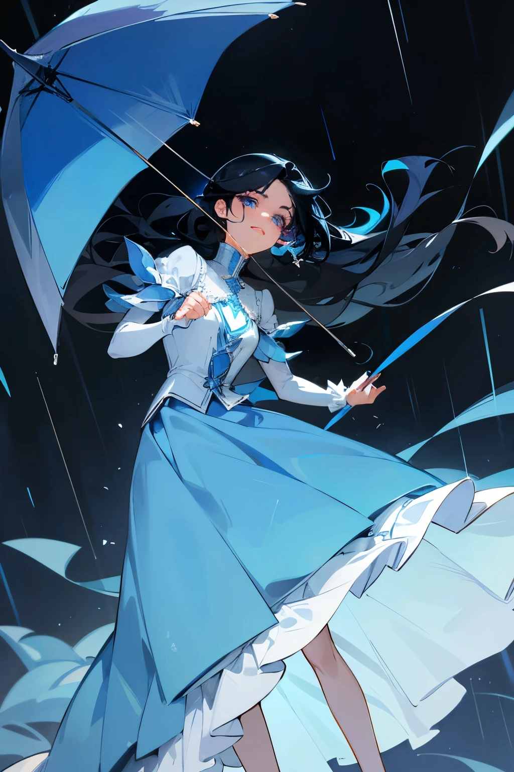 an aristocratic noble lady, 22 year old young woman, tanned skin, blue black hair with blue gradient, long and semi-wavy that seems to float in the air, Sharp bright blue eyes, with long eyelashes and black eyeliner she smiles as she cries in the rain at night, wearing a pale blue dress with silver details like that of an English aristocrat. She is elegant and beautiful.