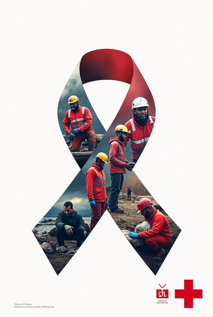 Poster, red cross,many pictures depicting rescue missions HIV awareness,white background,