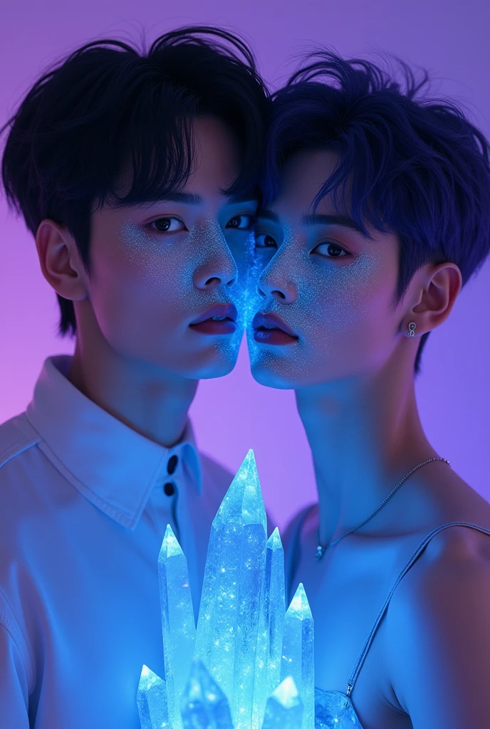 Jhope and yoongi From BTS both close with their faces with some blue crystals Purples
