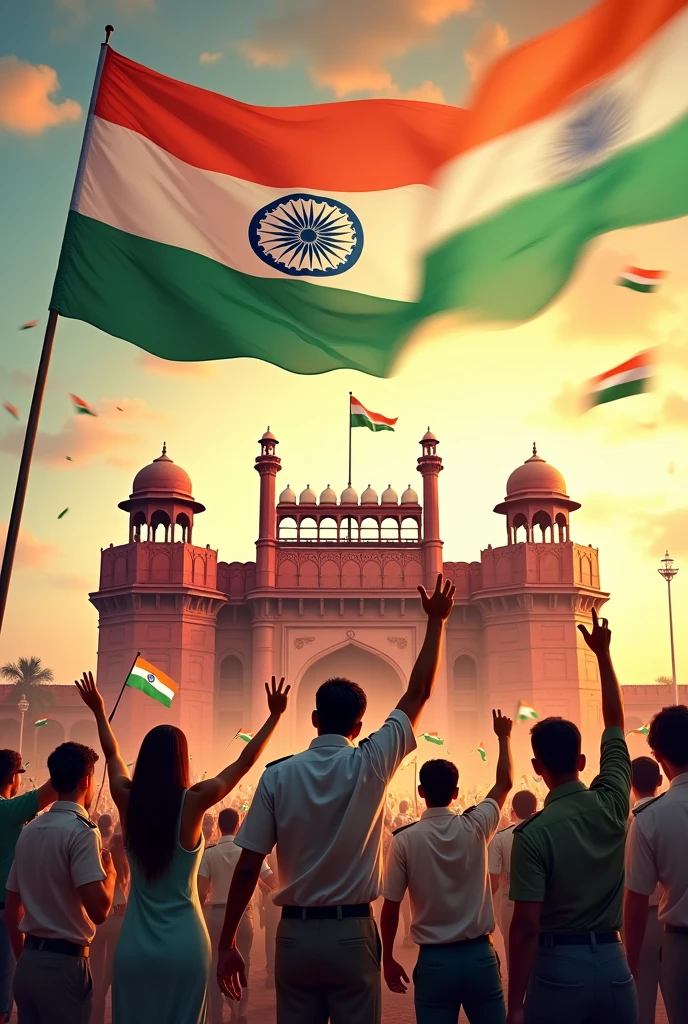 Generate indian celebration on15th August holing flags in there hands with same indian flags uniform background is lalkila sky is indian flags 