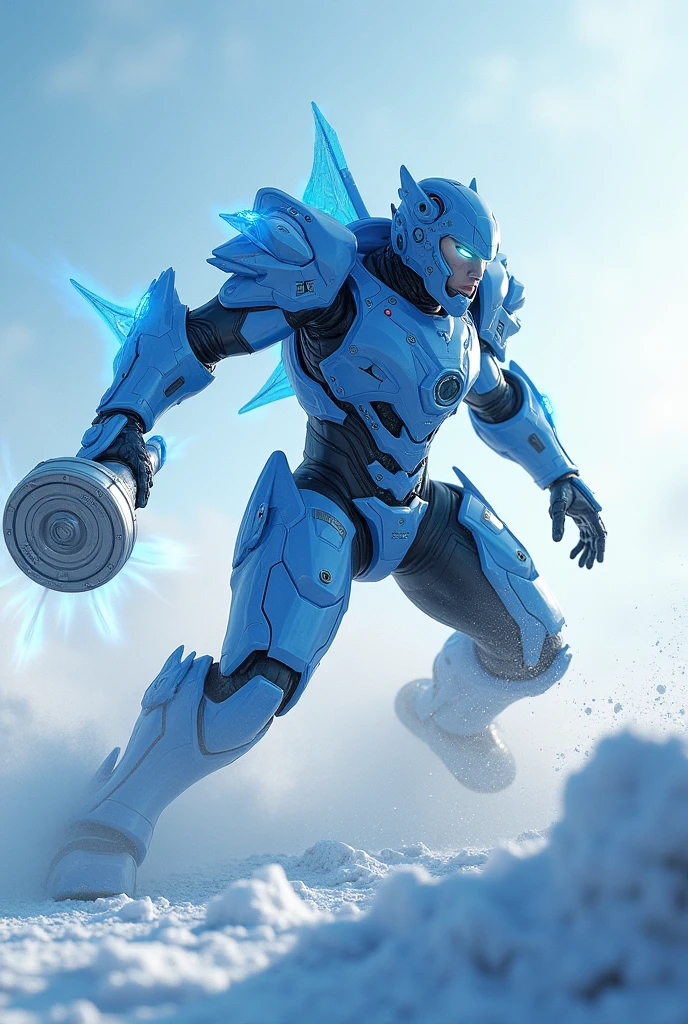 A warrior in technological blue armor, invisible hammer, with turbines on the legs wings on the feet, speed rays, fighting on the ice
