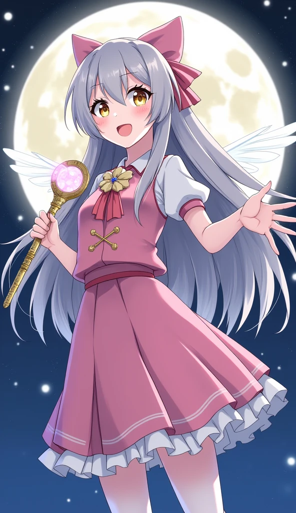 japanese anime style, high resolution, Magical girl, , flat chest, Night Sky, smile, Golden Eyes, Gray Hair, Long Hair, Pink costume, Pure white skin, Fairy Wings, Magic Stick, Full moon background, Backlight, Flying in the air, wink,